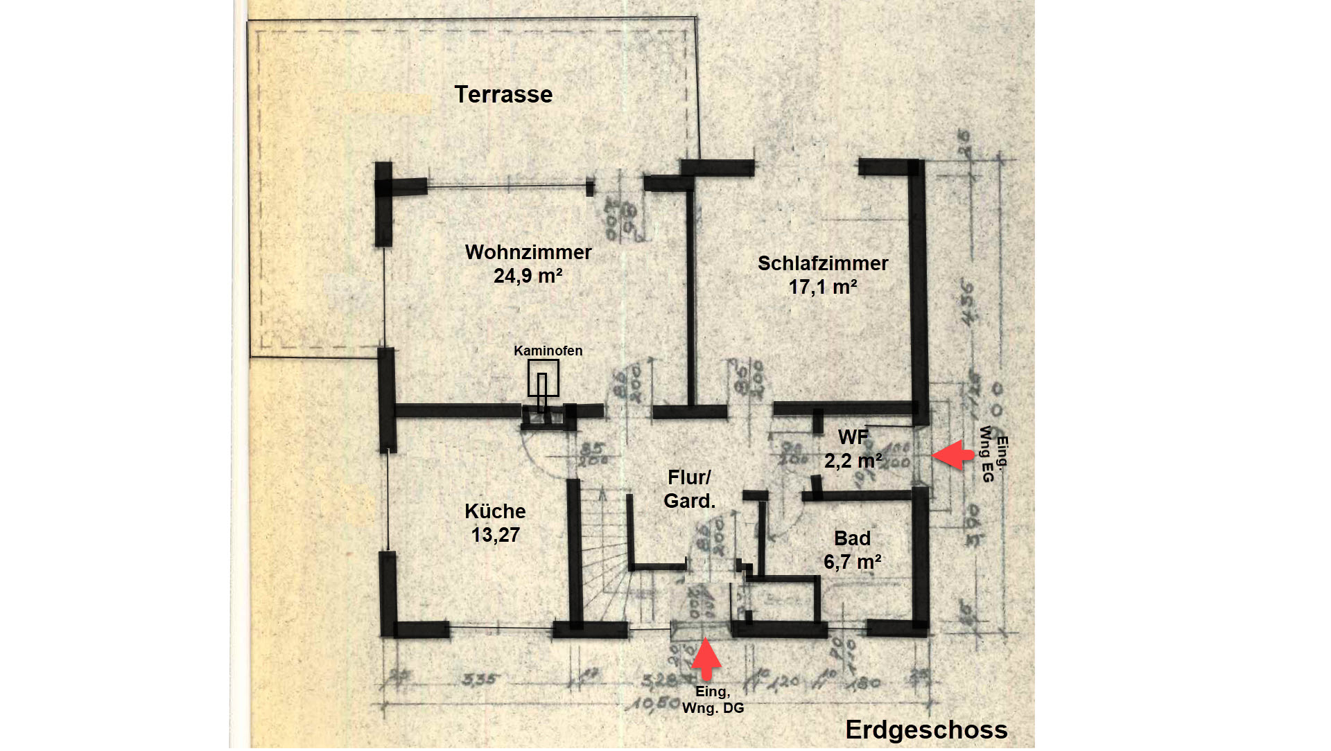 Reichshof-Sterzenbach: Ein- bis Zweifamilienhaus mit zwei Fischteichen, Grundriss EG: Wohnung 78 m²